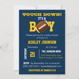 Invitación Michigan Blue Yellow Football Theme Baby Shower