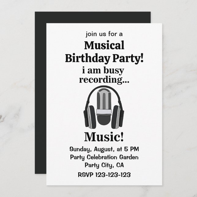 Invitación Micrófono Auriculares Fiesta de cumpleaños musical (Anverso / Reverso)