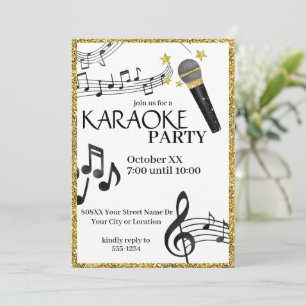 Invitación Micrófono con purpurina dorada Notas musicales Fie