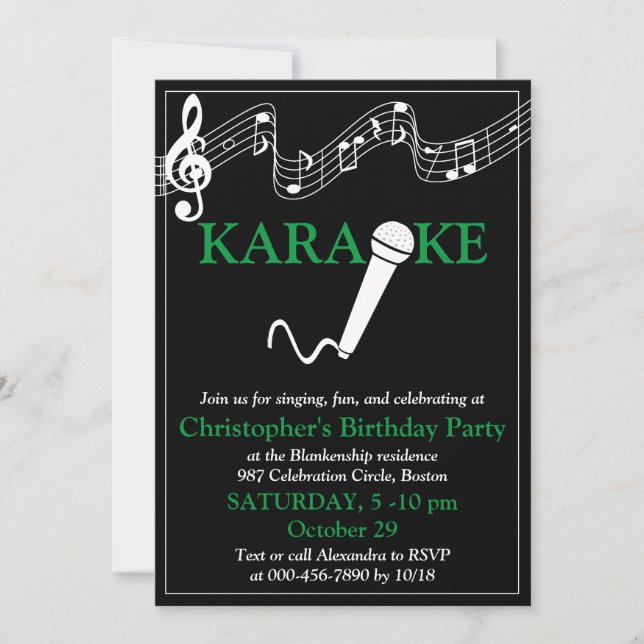Invitación Micrófono de Escala Musical para Fiesta de Karaoke (Anverso)