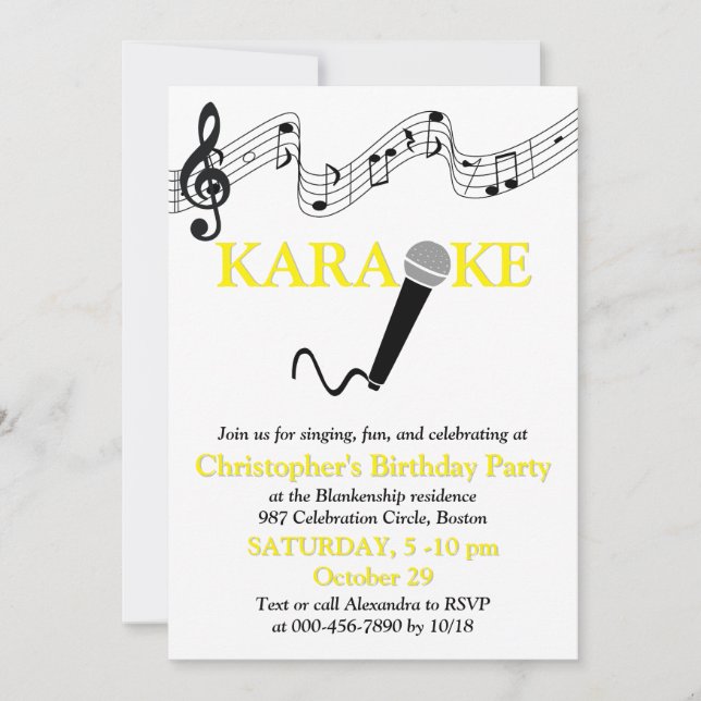 Invitación Micrófono Escala Musical Fiesta Karaoke Amarillo (Anverso)