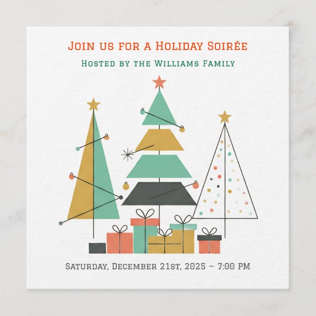 Invitación Mid-Century Retro Christmas Trees (Anverso)