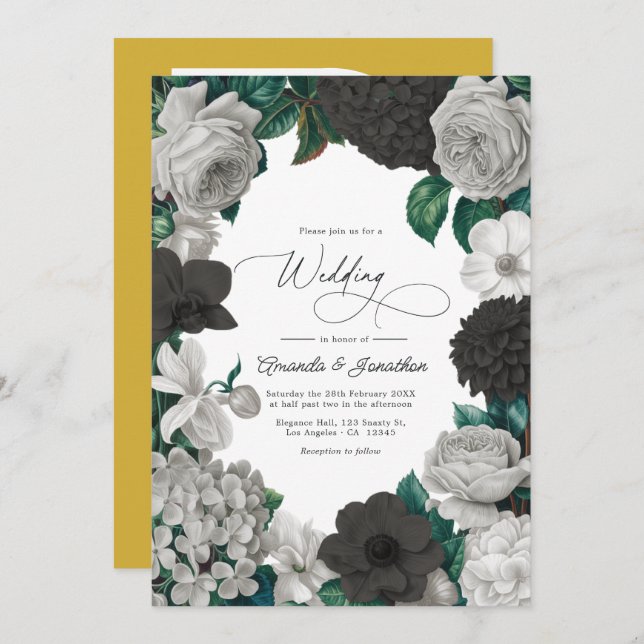 Invitación Midnight Black, Oyster Gray & Soft Linen Wedding (Anverso / Reverso)