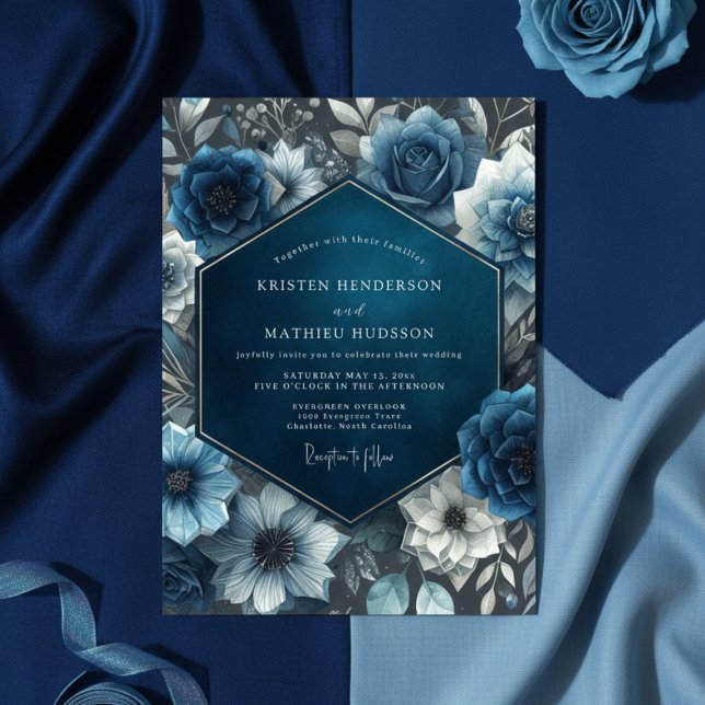 Invitación Midnight Blue Floral Bloom Wedding (Subido por el creador)