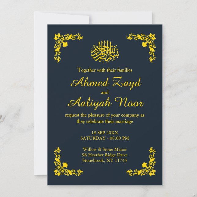 Invitación Midnight Blue & Gold Floral Nikah & Waleema (Anverso)