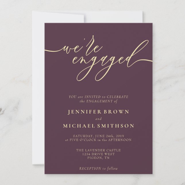 Invitación Midnight Fig & Champagne Minimal We are Engaged (Anverso)
