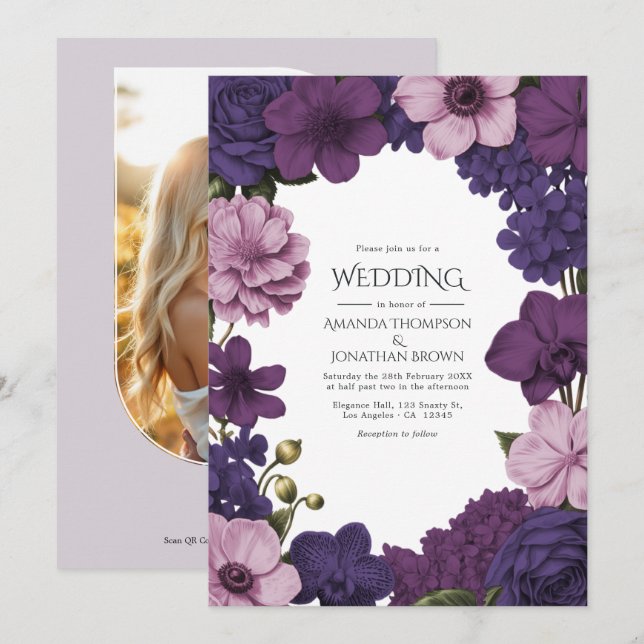 Invitación Midnight Iris, Velvet Plum & Dusty Petal Wedding (Anverso / Reverso)