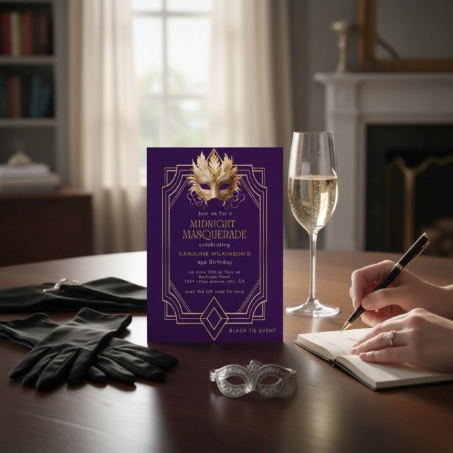 Invitación Midnight Masquerade Gold Feather Mask Purple (Subido por el creador)