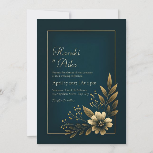 Invitación Midnight Navy Gold Botanical Wedding (Anverso)
