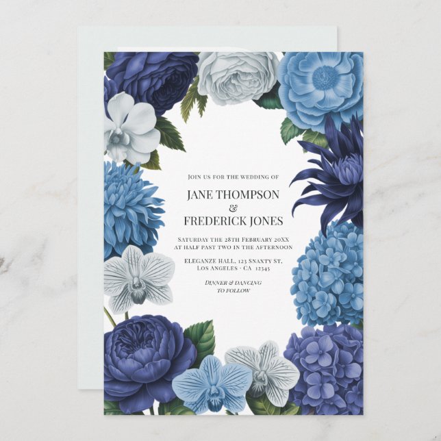 Invitación Midnight Navy, Steel Blue & Eucalyptus Grey (Anverso / Reverso)