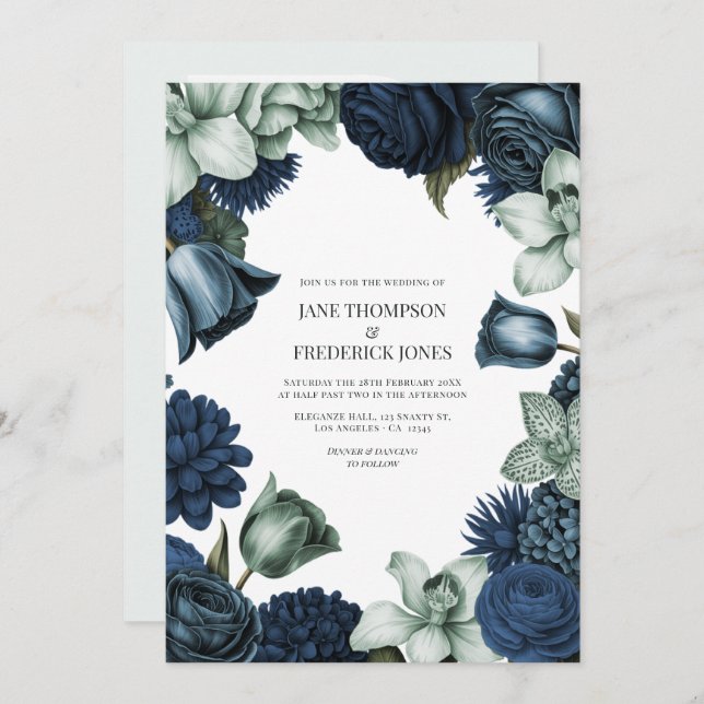 Invitación Midnight Navy, Steel Blue & Eucalyptus Grey (Anverso / Reverso)