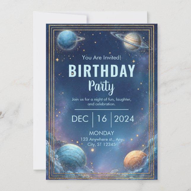 Invitación Midnight Nebula Cloud Triple Gold Frame Birthday (Anverso)