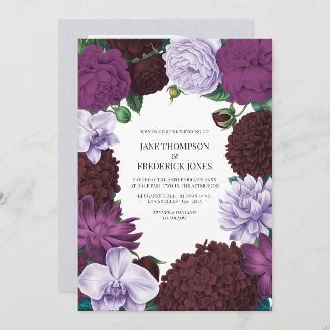 Invitación Midnight Orchid, Velvet Aubergine & Misty Mauve (Anverso / Reverso)