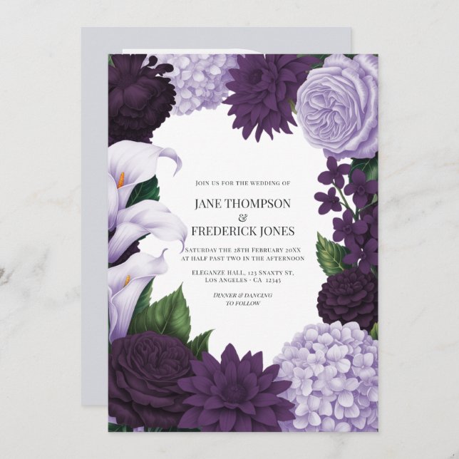 Invitación Midnight Orchid, Velvet Aubergine & Misty Mauve (Anverso / Reverso)