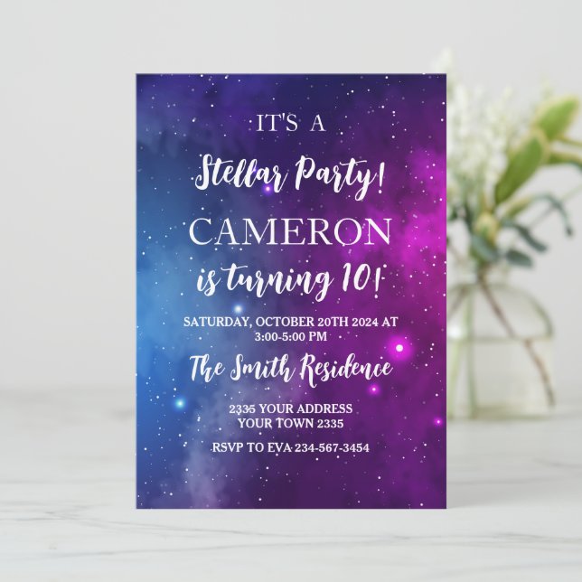 Invitación Midnight Sky & Shining Stars Galaxy Birthday Party (Anverso de pie)