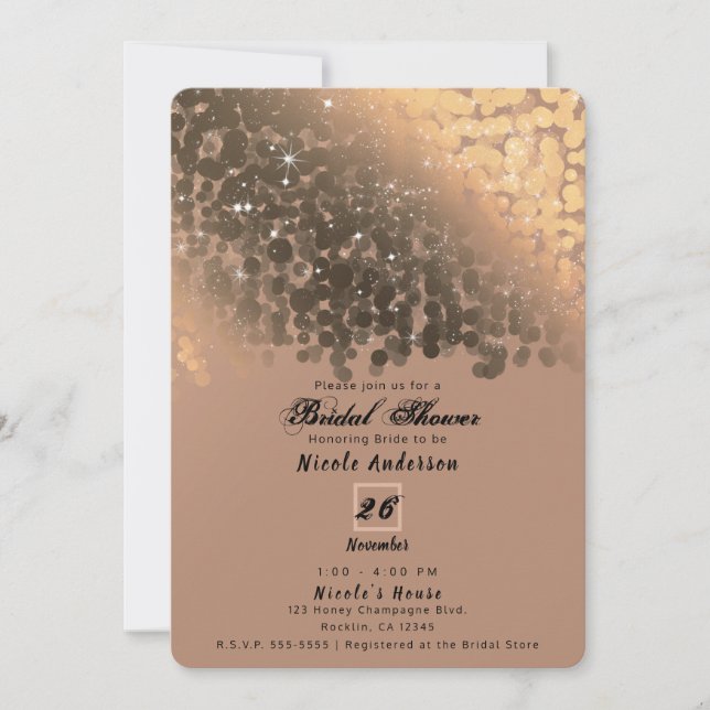 Invitación Miel Beige Champán Dorado Brillo Luces Nupcial (Anverso)