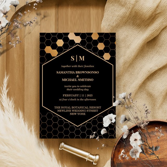 Invitación Miel de Panal de Oro Negro Boda (Subido por el creador)