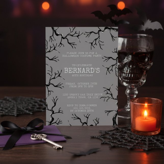 Invitación Mighty as the Oak Spooky Adultos Cumpleaños (Spooky Vintage Oak Trees Halloween Birthday Invitation. Scary Oaks Illustration in Black Ink for Him)