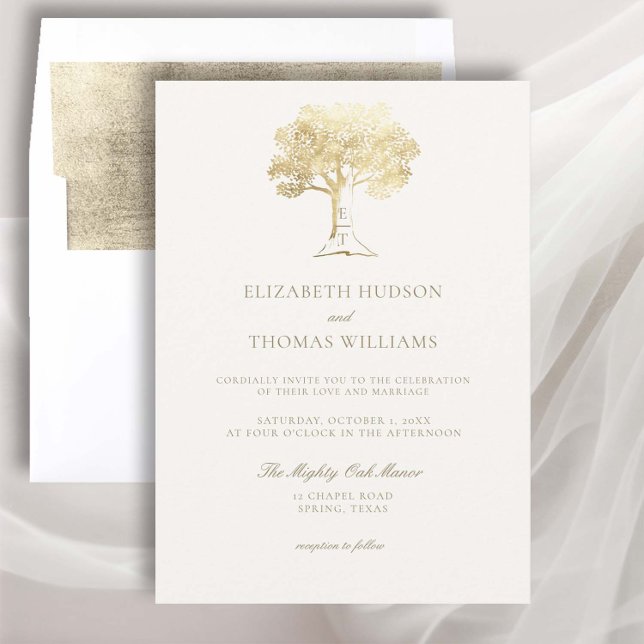 Invitación Mighty Oak Faux Gold Monogramas Boda formal (golden oak tree wedding invitation fall autumn carved tree rustic formal traditional elegant classic)
