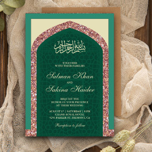 Invitación Mihrab Verde Menta Dorado Rosa Brillo Boda Musulma