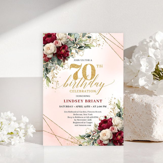 Invitación Milestone Gold Floral 70th Birthday Party Invites (Milestone Gold Floral 70th Birthday Party Invitation)