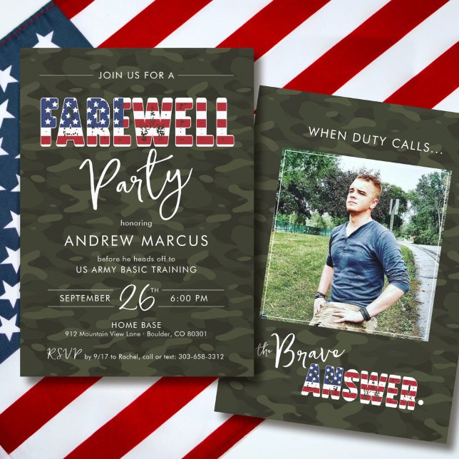 Invitación Military Camo American Flag Photo Farewell Party (Modern Military camo USA Flag soldier photo Army Air Force Marines Navy going away farewell party)