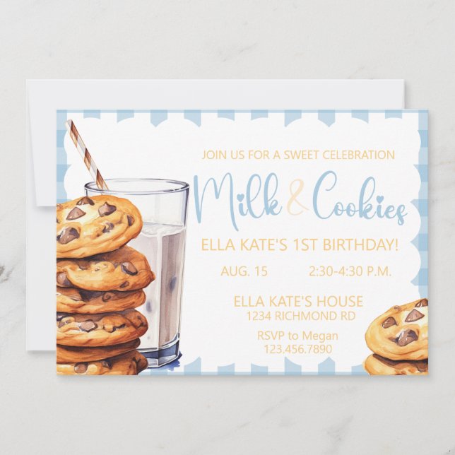 Invitación Milk & Cookie Cumpleaños Blue Plaid Boy 1er cumple (Anverso)