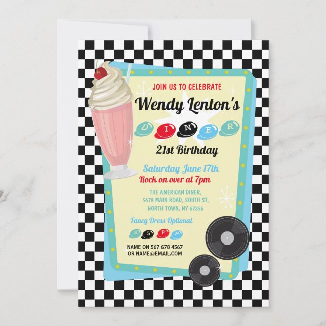 Invitación Milkshake de cumpleaños de Diner de los años 1950  (Anverso)