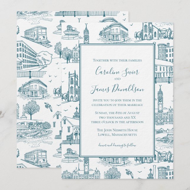 Invitación Mill City Toile (Lowell, MA) Azul/Blanco (Anverso / Reverso)