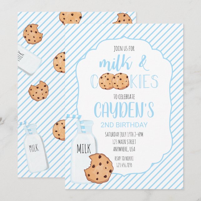 Invitación Milla y galletas azul cumpleaños (Anverso / Reverso)