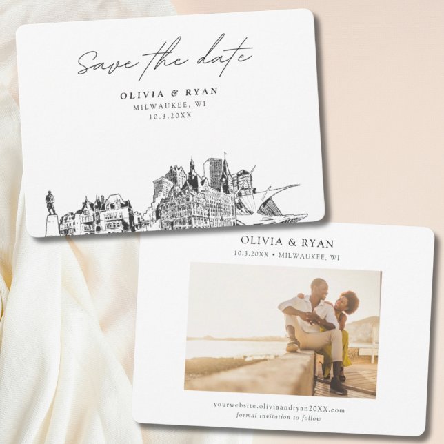 Invitación Milwaukee Boda Modern Save the Date (Milwaukee Wedding Save the Date with Engagement Photo)