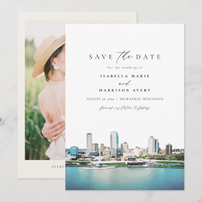 Invitación MILWAUKEE Wisconsin Skyline Wedding Guardar la fec (Anverso / Reverso)