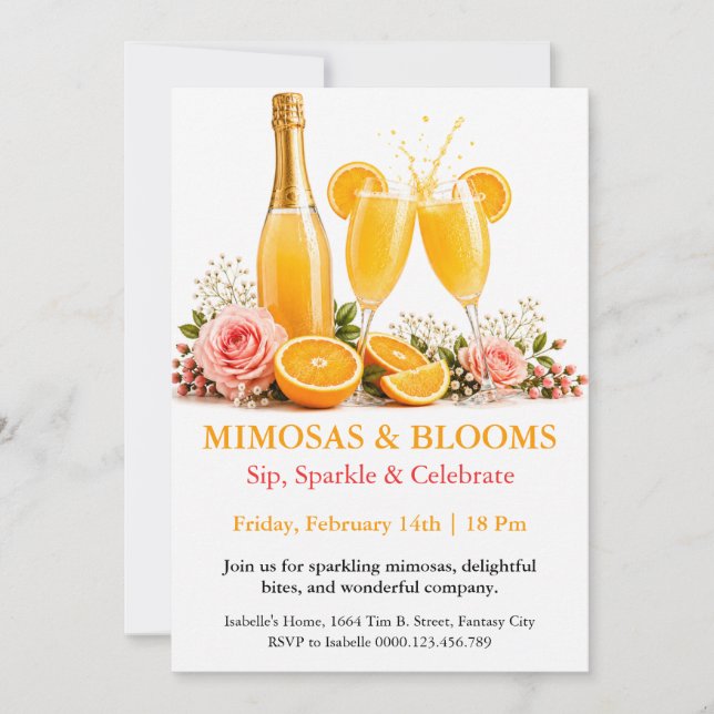 Invitación Mimosas y Flores - Fiesta de Brunch con Champán (Anverso)