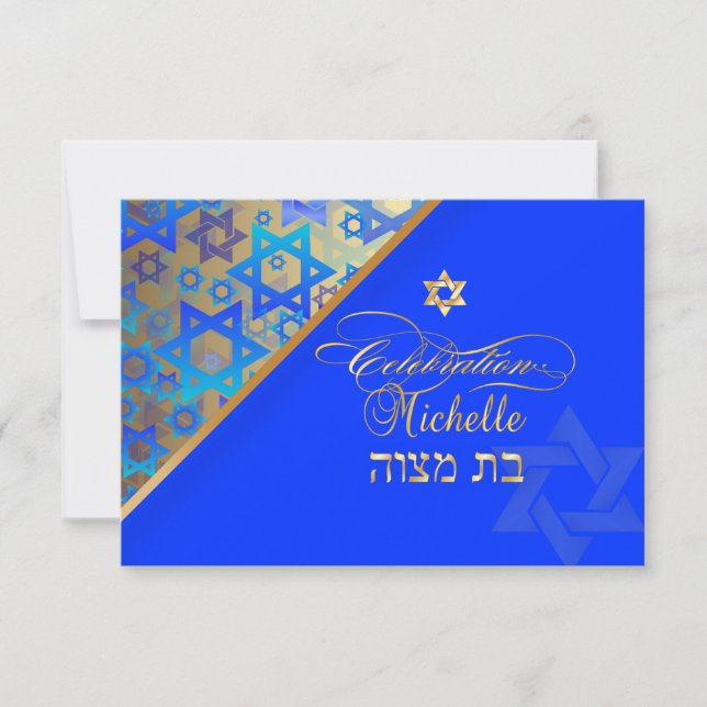 Invitación Mimzvah de recepción de PixDezines/azul/oro (Anverso)