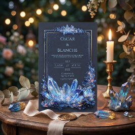Invitación Mineral Azul Brillante Dorado Marco Doble Boda