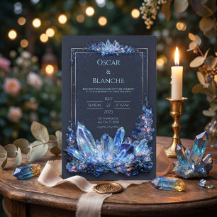 Invitación Mineral Azul Brillante Dorado Marco Doble Boda