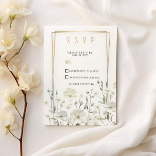 Invitación Minería blanca dorada delicada arreglo floral RSVP