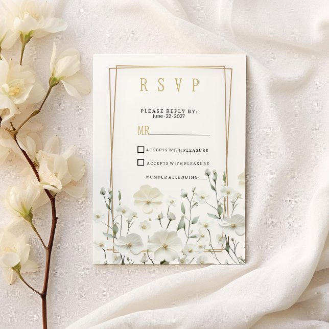 Invitación Minería blanca dorada delicada arreglo floral RSVP (Gold white mint delicate floral arrangement RSVP)
