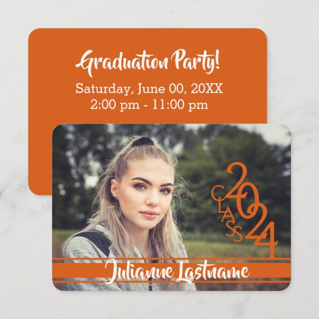 Invitación Mini clase de 2024 Naranja de variación de fotos (Anverso / Reverso)