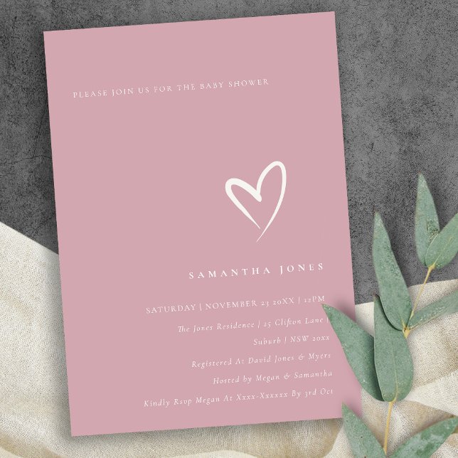 Invitación mínima a Baby Shower de corazón rosado  (Subido por el creador)