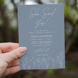 Invitación mínima a ducha nupcial con flores azule