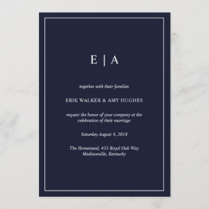 Invitación mínima a la boda azul marino monograma