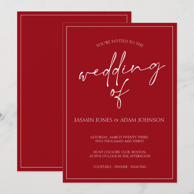 Invitación mínima a la boda con guión rojo (Anverso / Reverso)