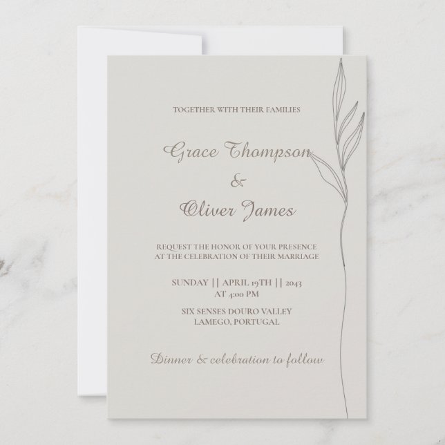 Invitación mínima a la boda de la línea botánica (Anverso)