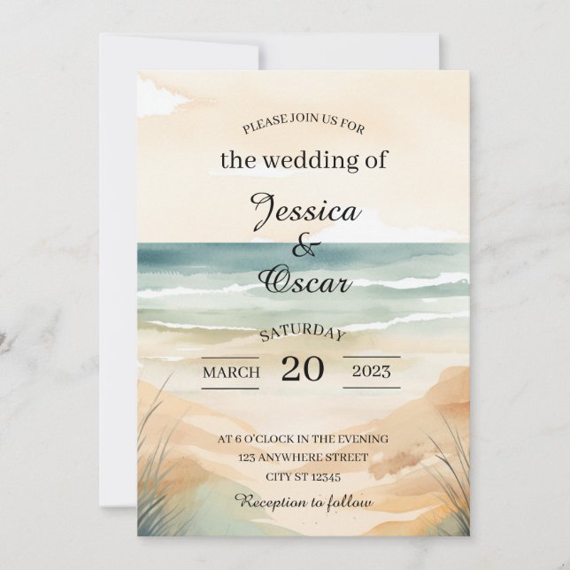 Invitación Mínima a para la Boda en Playa (Anverso)