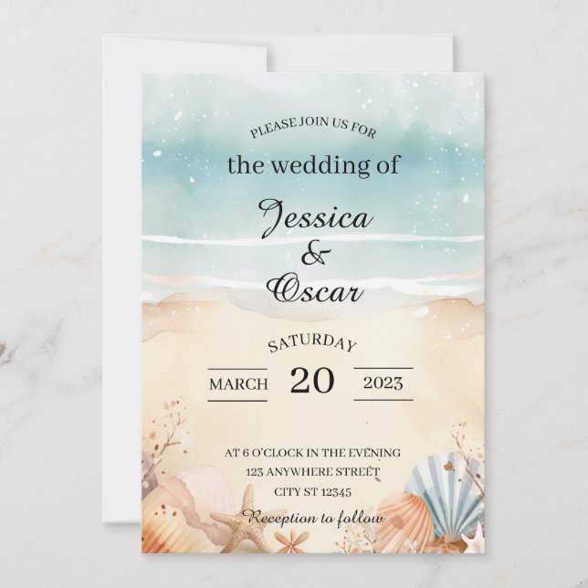 Invitación Mínima a para la Boda en Playa (Anverso)