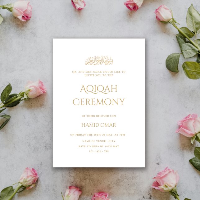 Invitación Mínima caligrafía moderna de oro ceremonia Aqiqah (Subido por el creador)