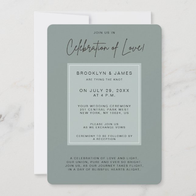 Invitación Mínima Celebración Del Amor Por El Boda Del Sage (Anverso)