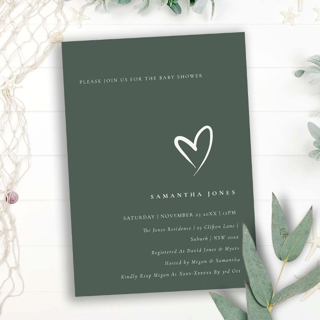 Invitación mínima de Baby Shower al corazón verde  (Subido por el creador)