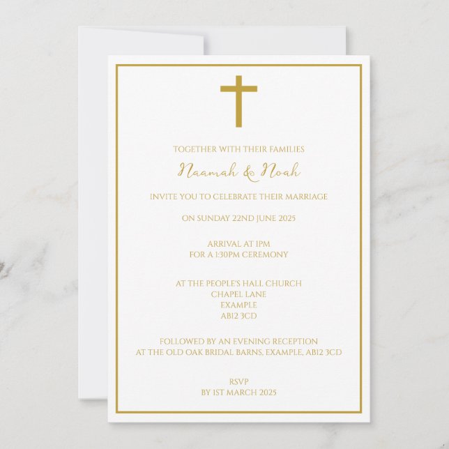 Invitación Mínima de Boda Cruzada de Oro (Anverso)